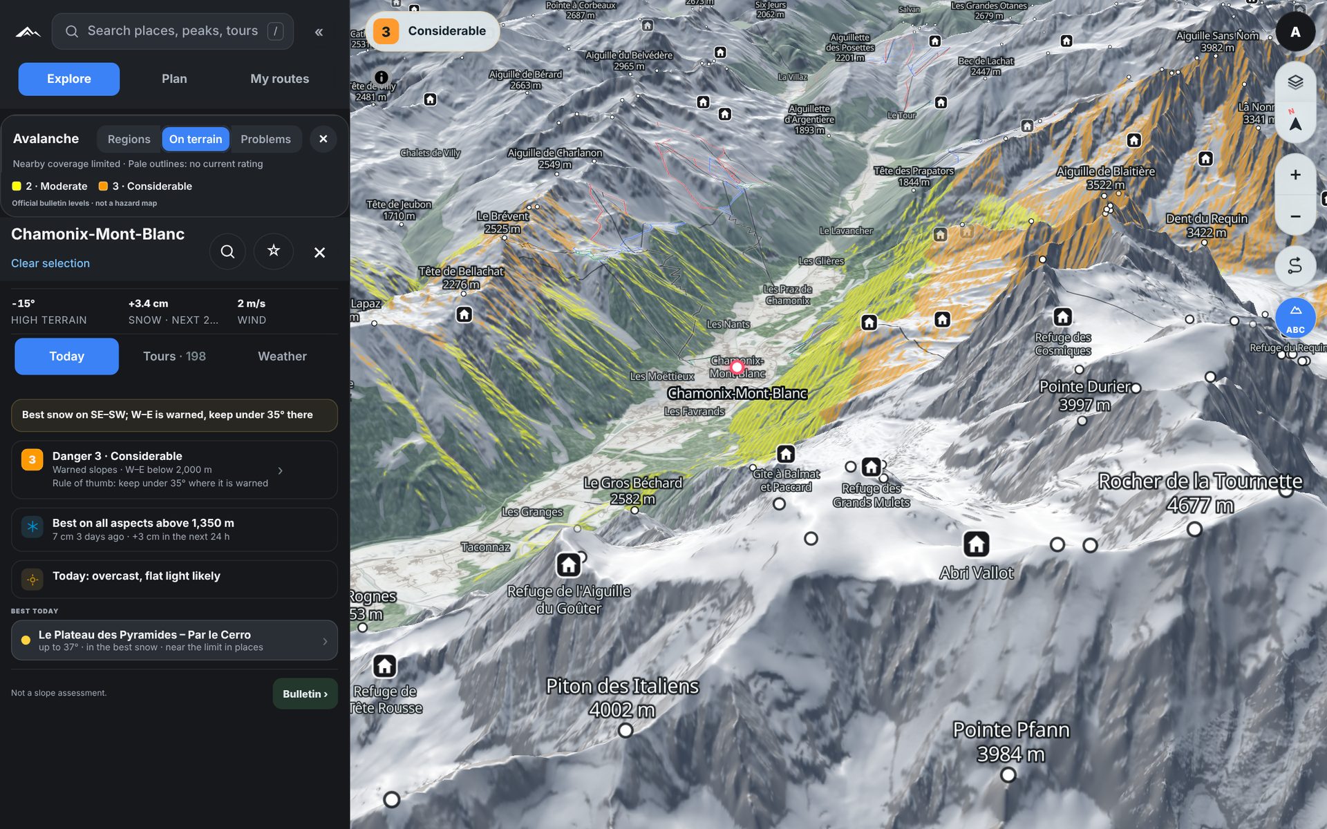 RIPA on desktop: the Mont Blanc massif in 3D with the avalanche bulletin painted on the slopes it warns about, danger 3 above 2,000 m and 2 below